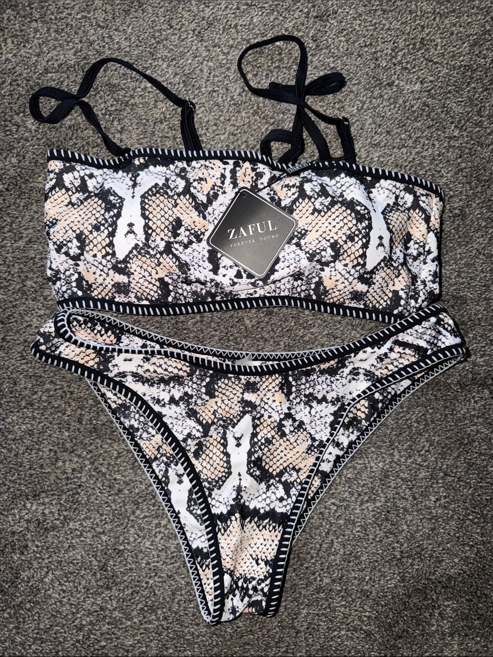 Zaful Black & Beige Snake Print Bandeau Bikini Set